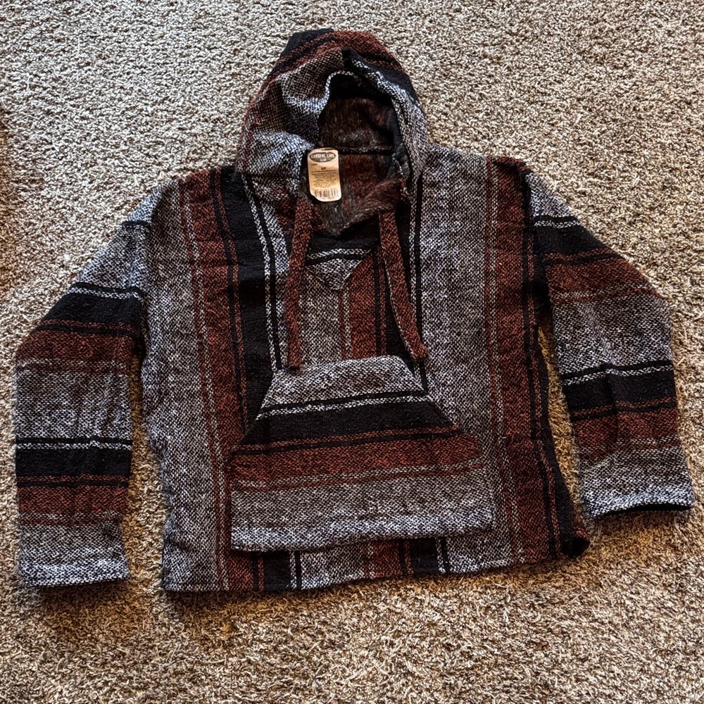 Men's Striped Baja Hoodie Sweatshirt in Rust, Black & Gray